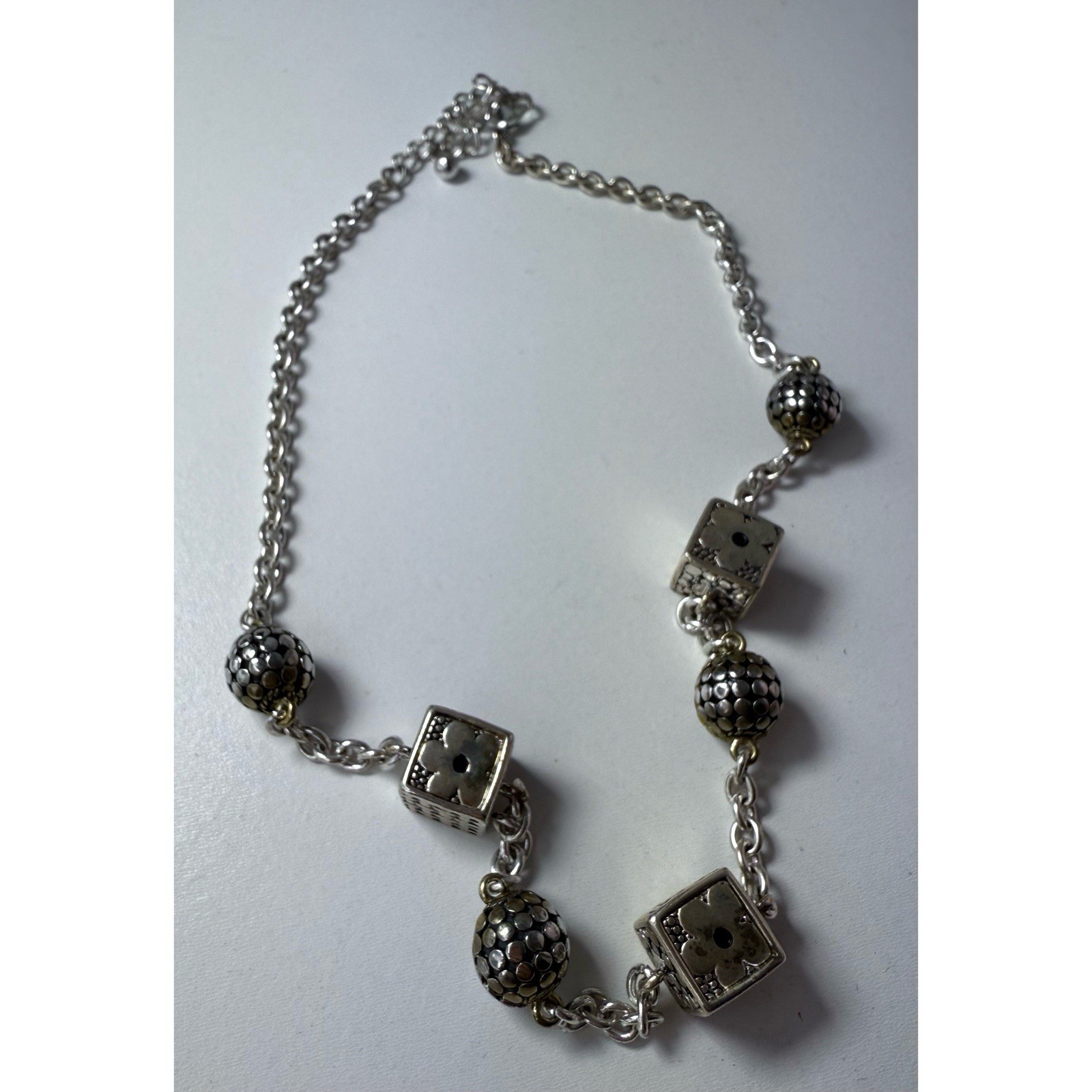 Vintage Silver Geometric Textured Cube & Sphere Bead Charm Necklace 10″ Long