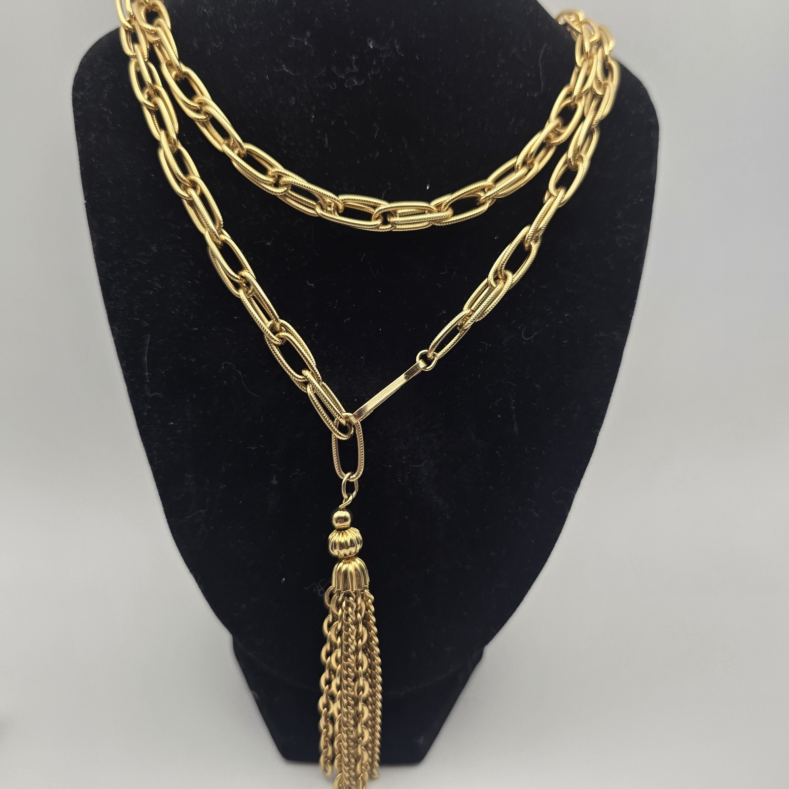 Vintage Gold Tone Layered Chain Tassel Necklace Boho Statement