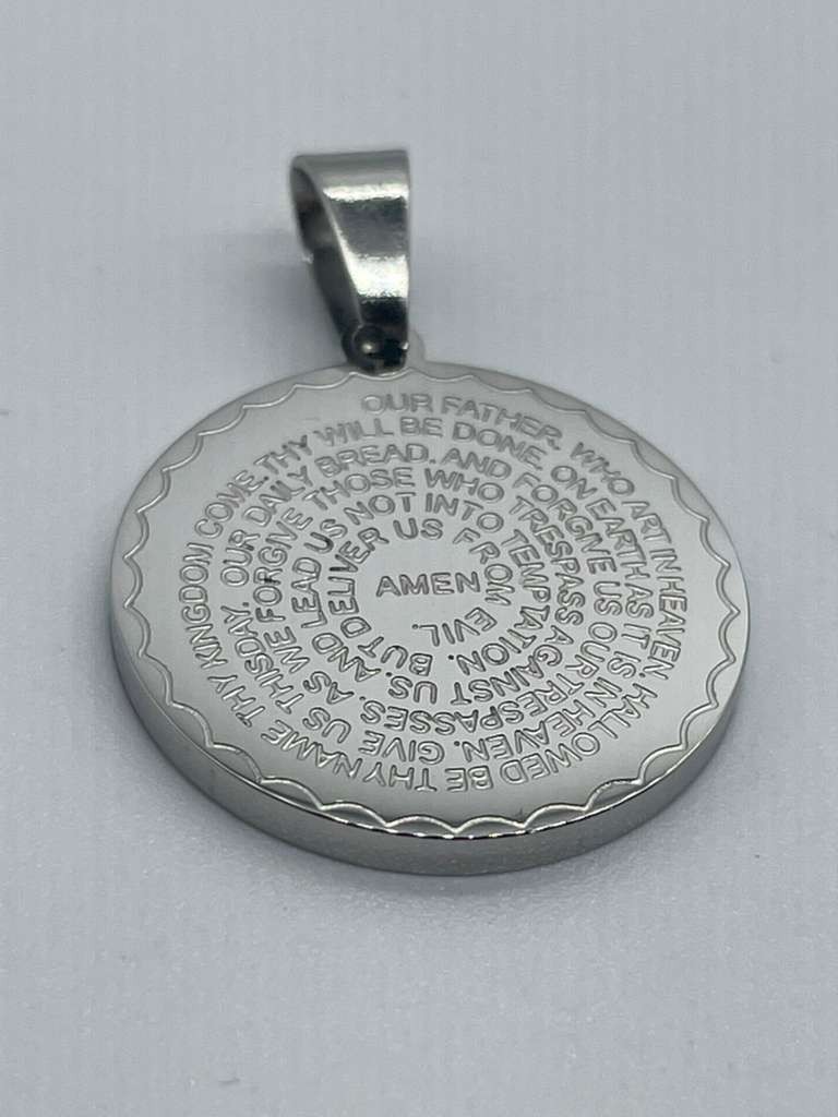 Silver Stainless Steel Our Father Prayer Engraved Medallion Pendant Necklace