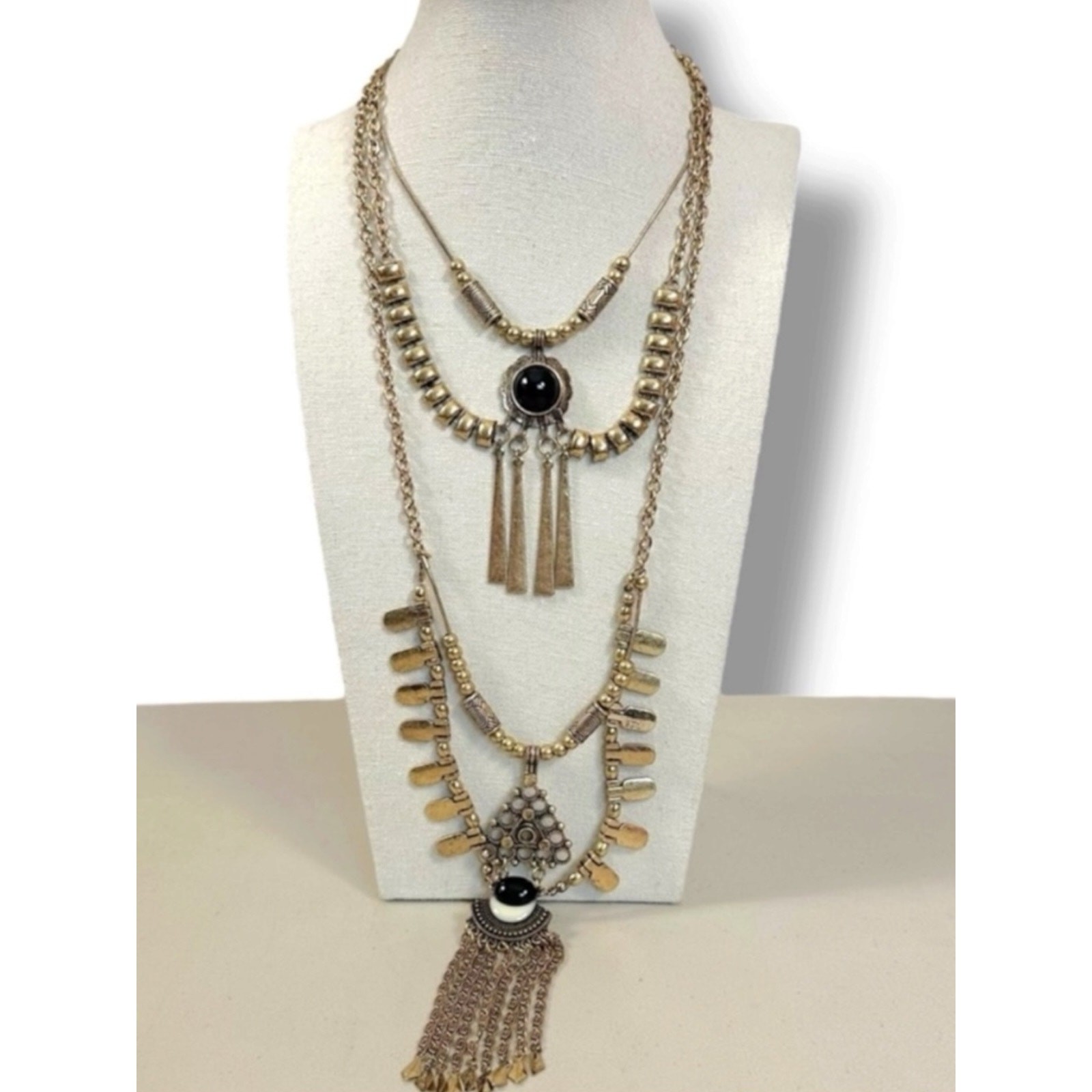 Free People Bring It Home Layered Necklace Gold Black Statement Bohemian Witchy