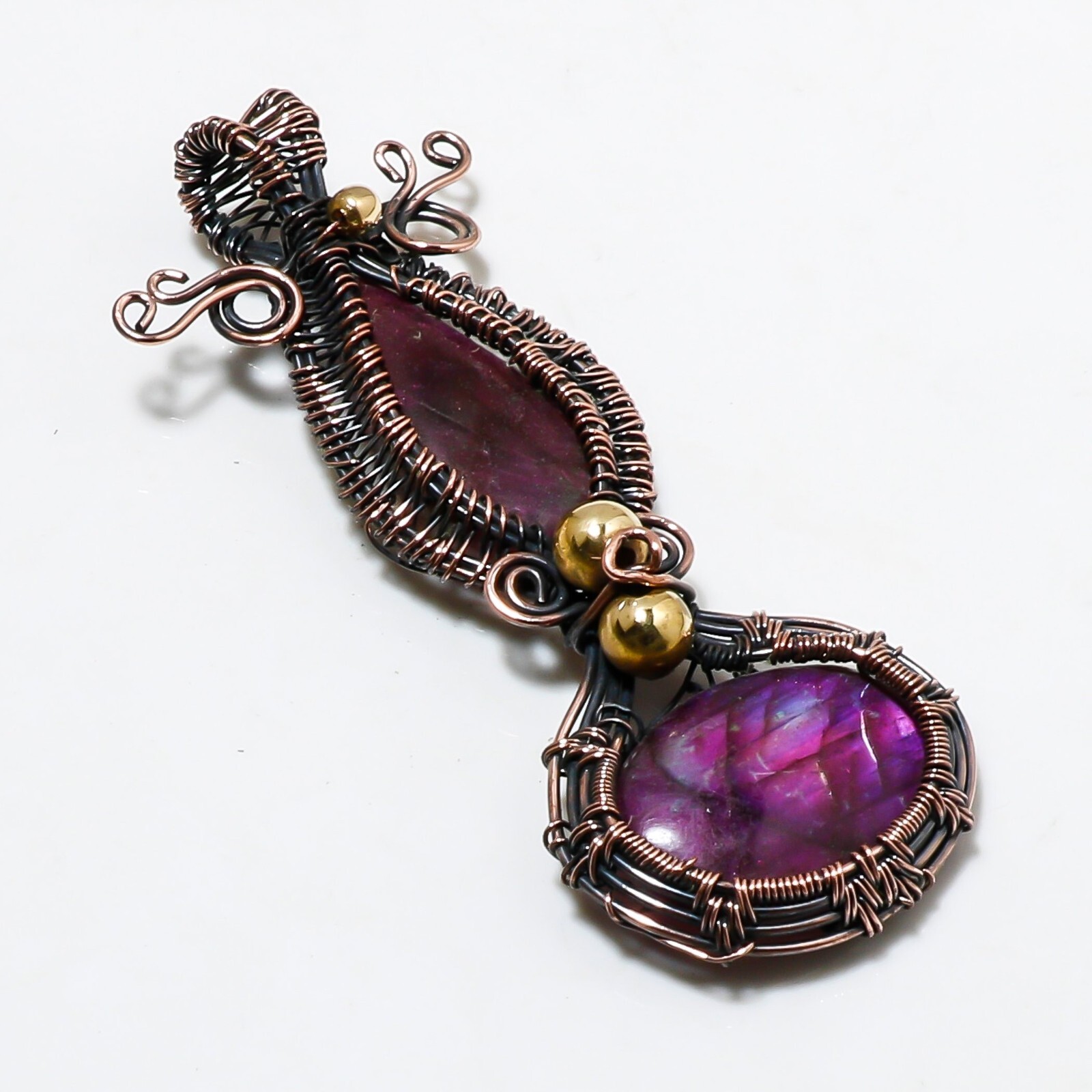 Wire Warp Copper Pink Fire Labradorite Gemstone Pendant Jewelry Pendant Size 3
