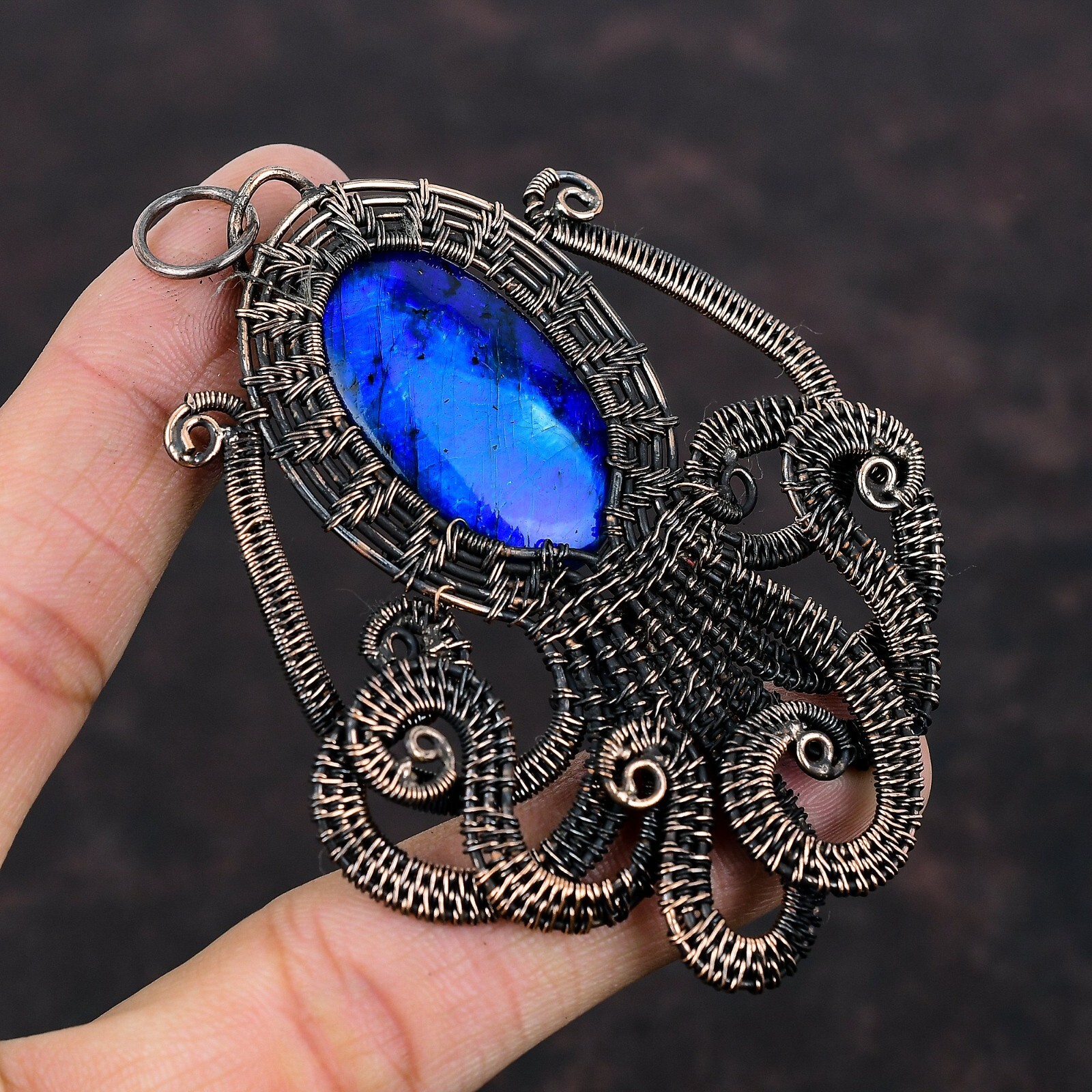 Blue Fire Labradorite Wire Wrapped Octopus Pendant Copper For Girls 3.35″