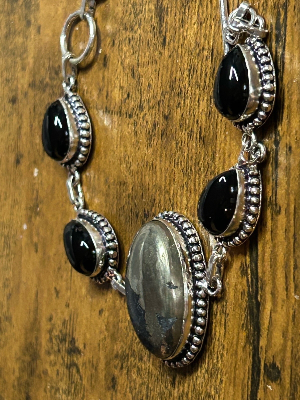 2999. Apache Pyrite Black Onyx Gemstone Handmade 925 Silver Bracelet 28gm