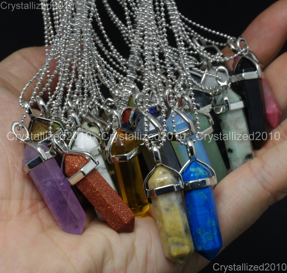 Natural Gemstones Hexagonal Pointed Reiki Chakra Pendant Necklace 18K Silver