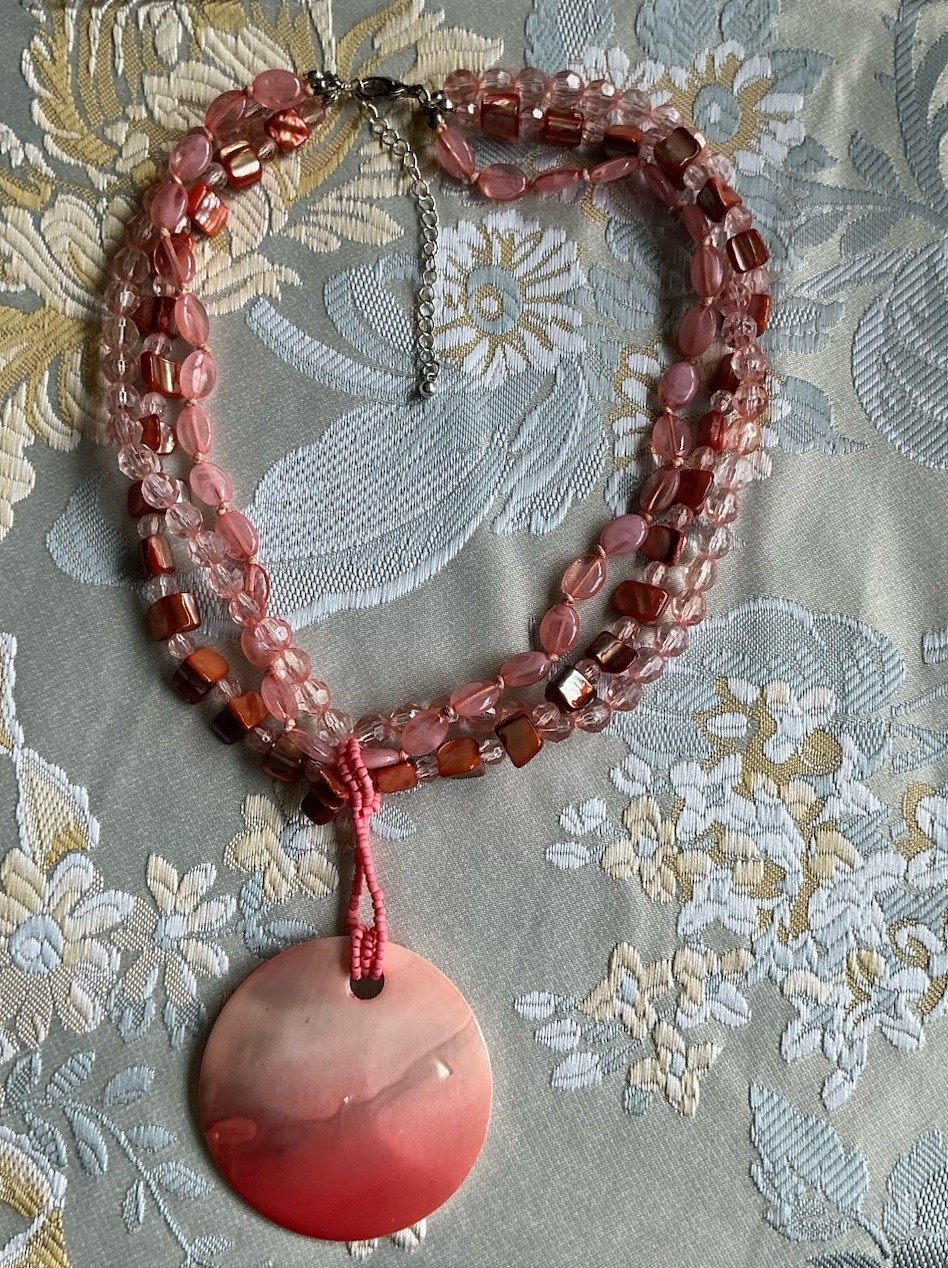 Pink Dyed Shell Pendant And Multistrand Beaded Necklace 17.5”-20.5”