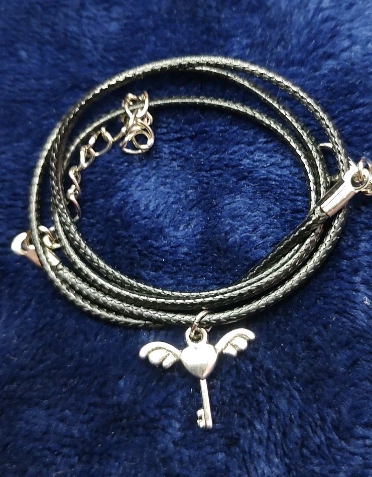 Silver Winged Key Heart Love Charm Pendant Leather Rope Cord Necklace Jewelry