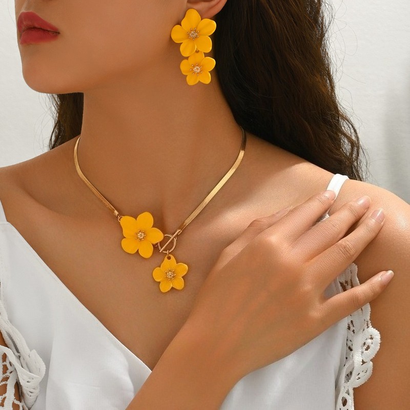 3pcs Women’s Fashion Elegant Yellow Flower Pendant Necklace Earring Set Alloy