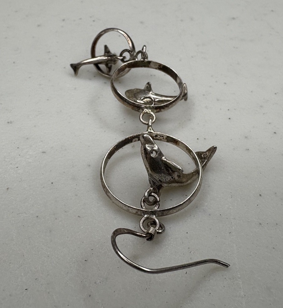 Single (1) 925 Sterling Silver Hook Dangle Dolphin Circle Earring – 4.5 Grams