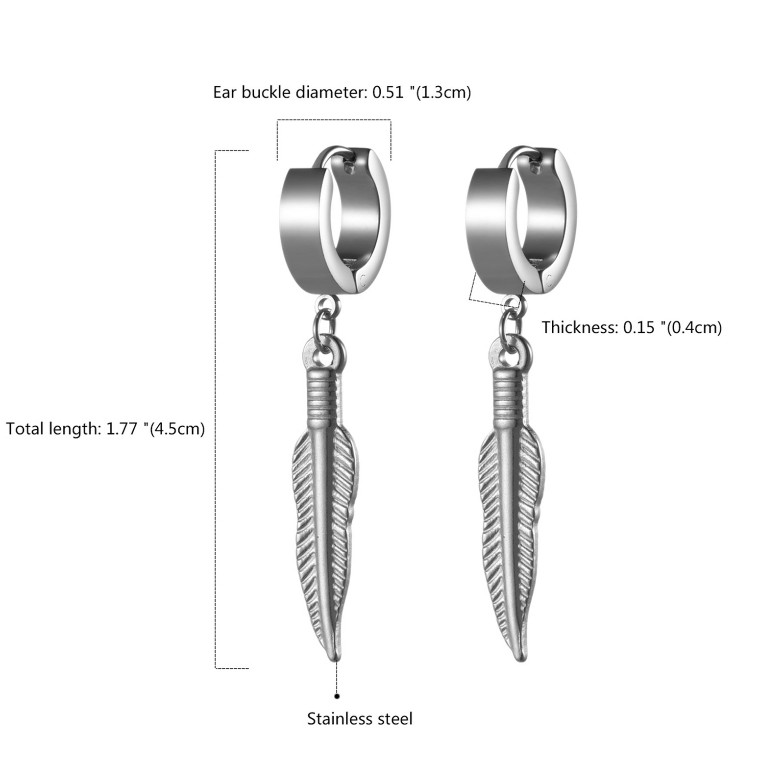 2pcs Drop Dangle Feather Earrings For Men Women Huggie Hinged Stainless Steel