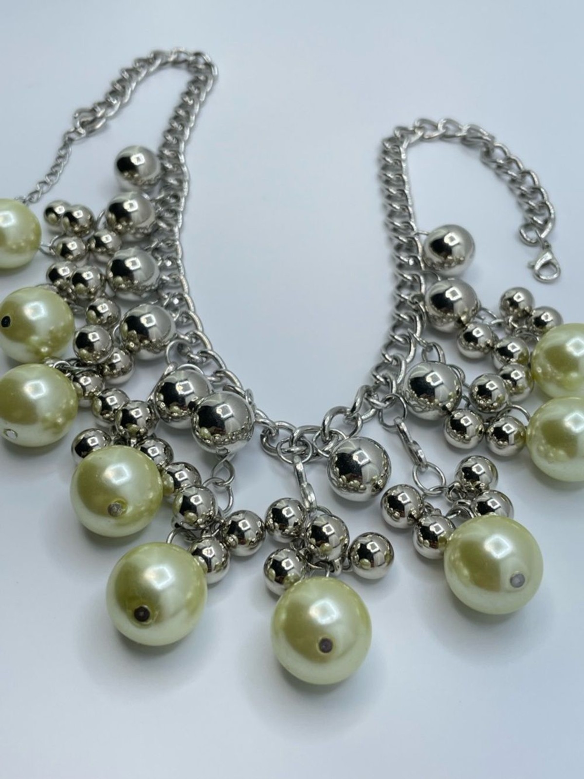 Silver Tone Faux Pearl Statement Necklace Chunky Chain Drop Charm Bold
