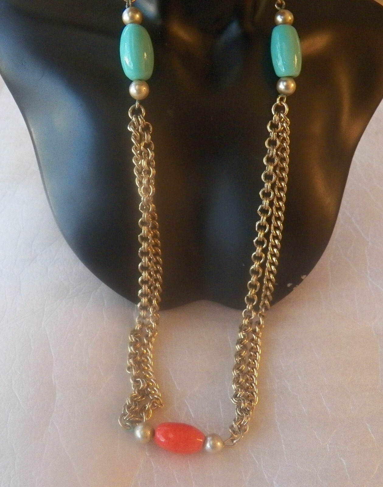 Red, White & Light Blue Beads on Gold Tone Chains Necklace 34 in. Fashion