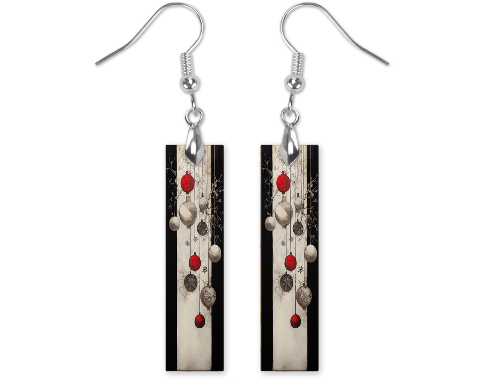 Red White and Black Ornaments Christmas Dangle Wood Bar Printed Earrings Jewelry