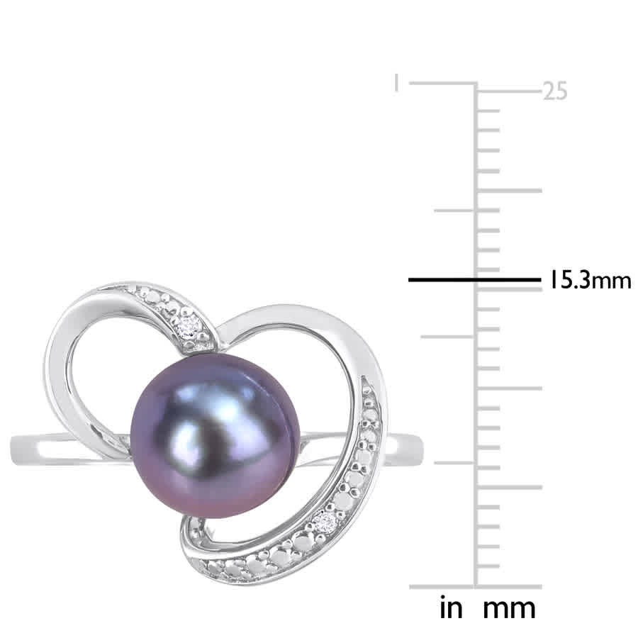 AMOUR 8-8.5mm Black Freshwater Cultured Pearl and Diamond Accent Heart Ring In