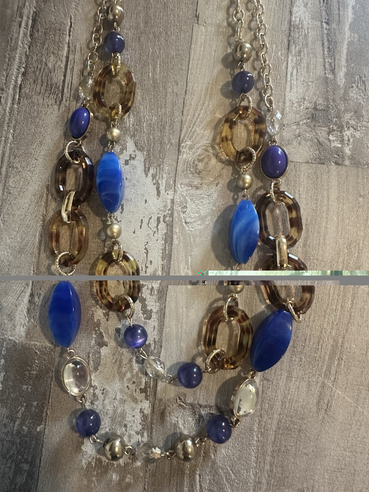 Gold Tone Layered Oval Link Chain Necklace Blue Brown Glass Beads, Adjustable