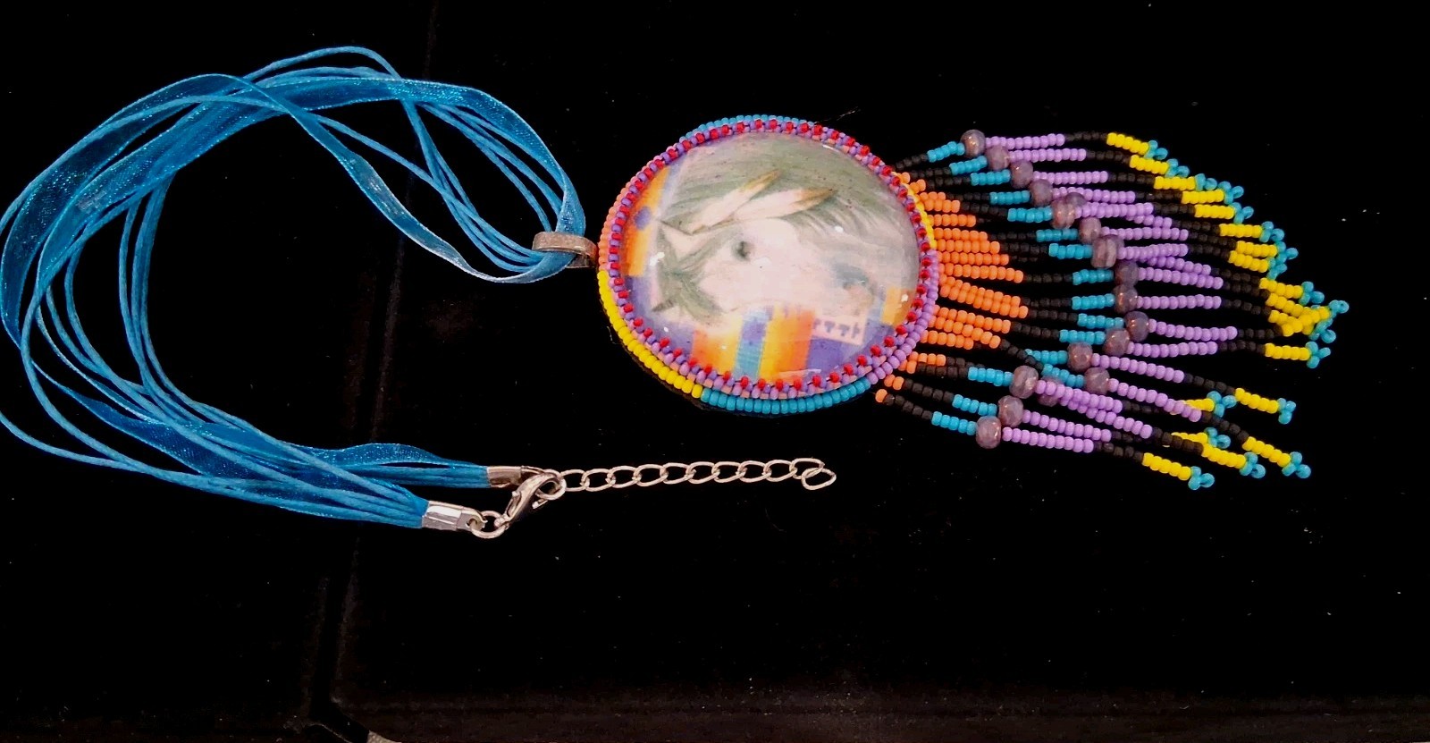 Beaded Medallion 16″Necklace With Horse Design: Multicolored Beadwork&2.5″Fringe