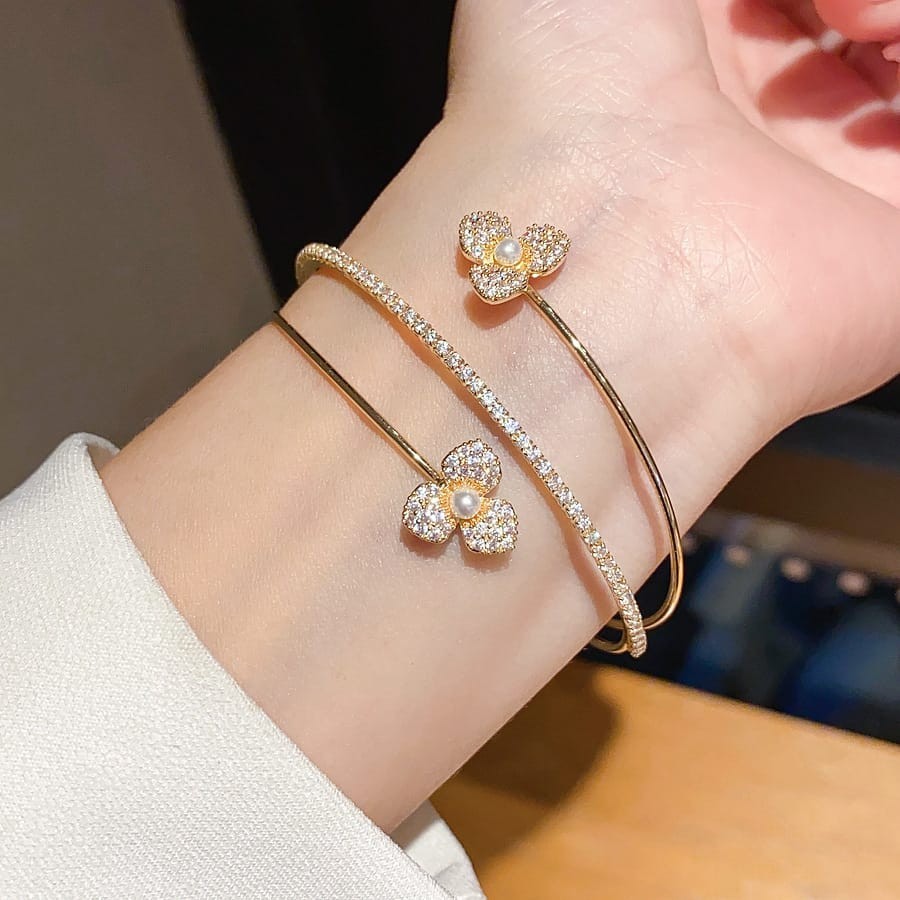 Women’s Open Cuff Bracelet Gold Tone Flower Cubic Zirconia Adjustable Bangle