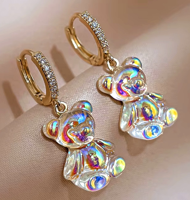 Adorable TEDDY BEAR Rhinestone Gold Clear Dangle Betsey Johnson Earrings