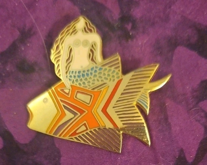 Laurel Burch Sea Goddess Pin Mermaid Riding Fish Signed HTF