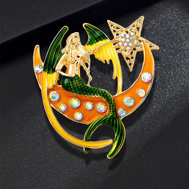 New Retro Mermaid Brooch Star and Moon Brooch Beautiful Angel Wings Jewelry
