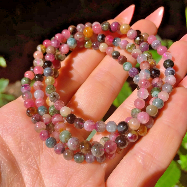 Rainbow Tourmaline Crystal Gemstone Stretch Dainty Bracelet Minimalist 4mm Beads