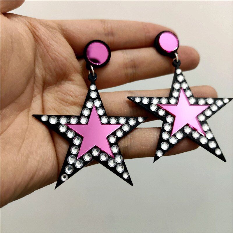 Pink Star Earrings Mirror Pentagram Acrylic HipHop Rock Large Fashion Jewelry