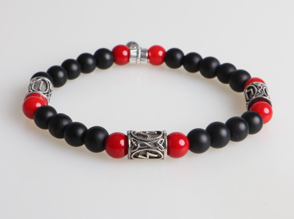 Elegante Pulsera de Agata negra y Coral Rojo Brazalete Cuentas Vikingas