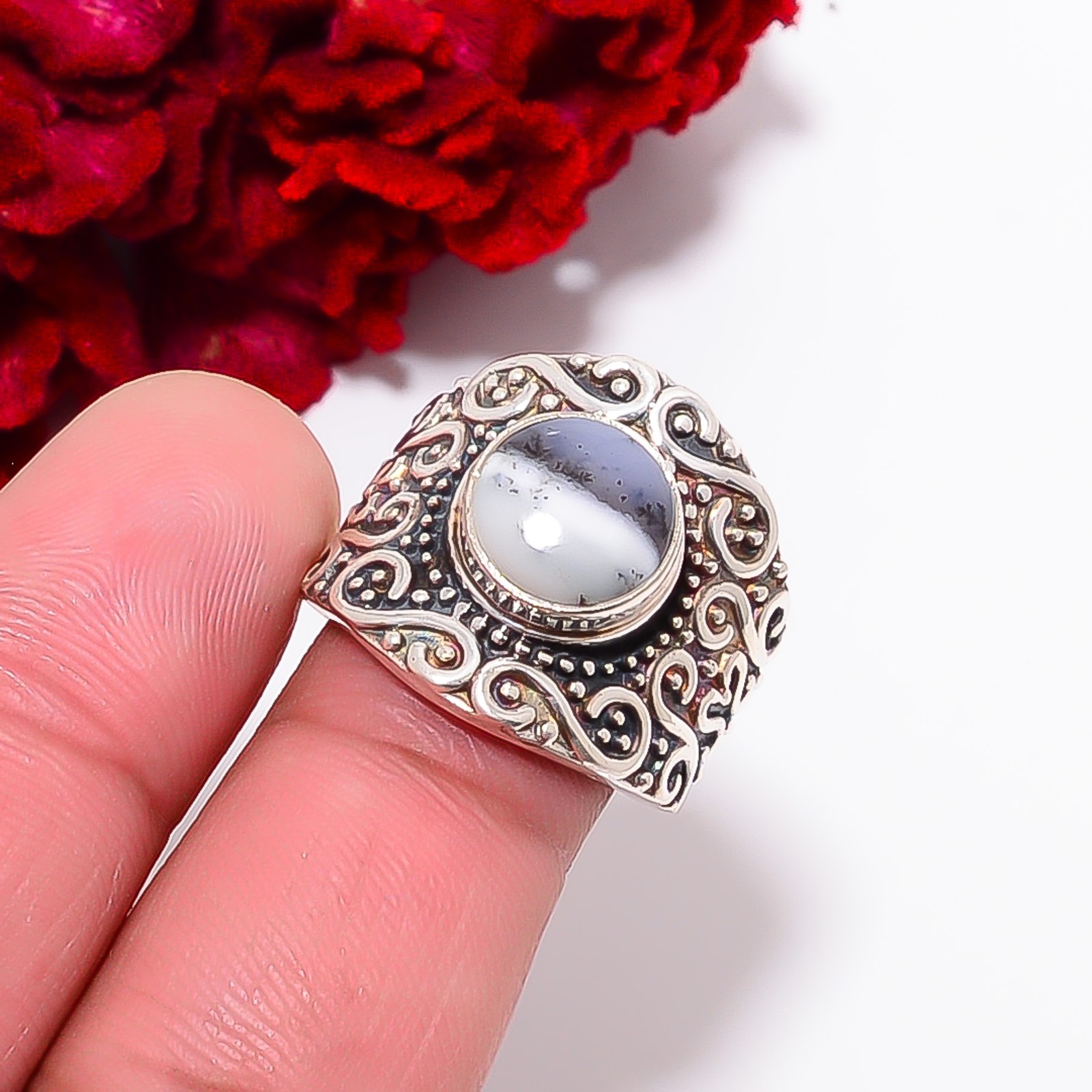 Dendritic Agate – Brazil Designer Handmade 925 Sterling Silver Ring S.7 R98344