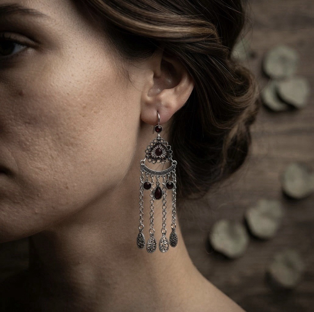 Silver Tone Filigree Chandelier Dangle Drop Hook Earrings Red Stone Accent