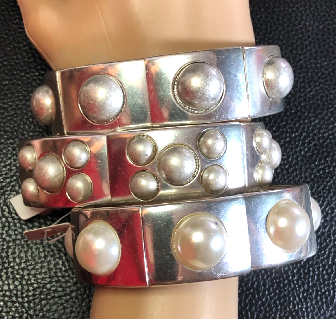 Silver Bangle Stretch Bracelet Fashion Statement Modern Brutalist Set 3pc 8513