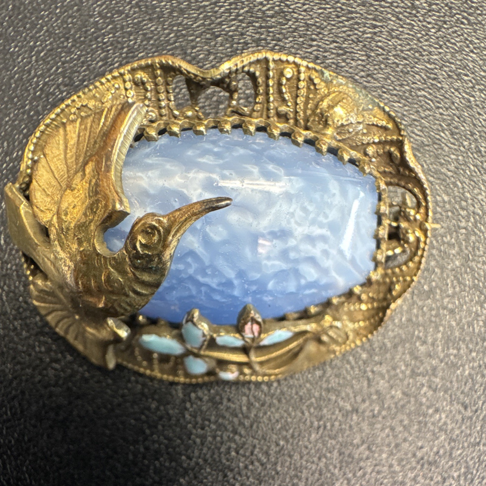 Vintage brass filigree bird brooch blue cabochon. Unique