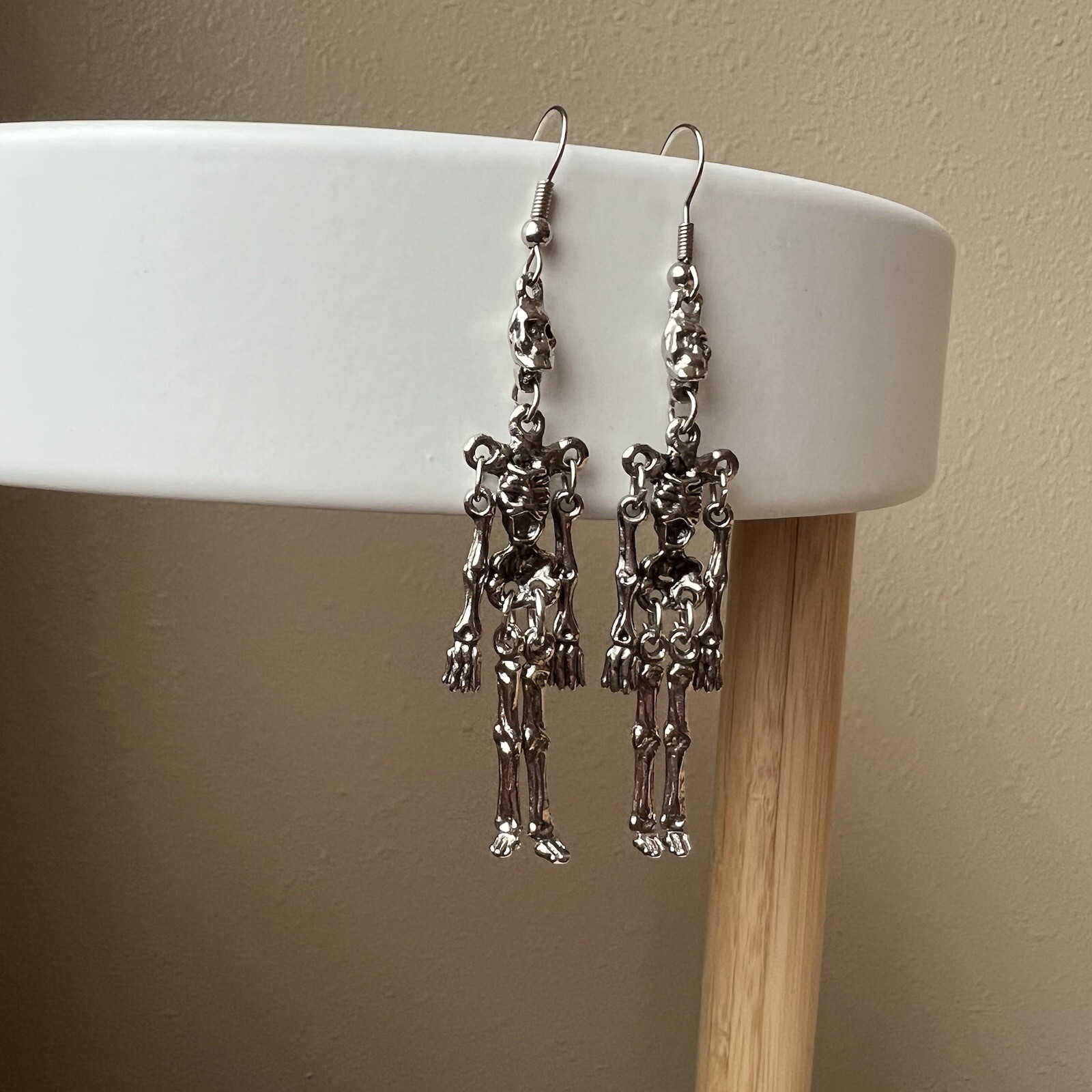 Skeleton Halloween Dangle Earrings Silver Tone Spooky Scary Movable Jewelry