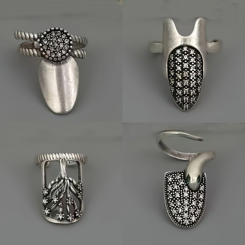 4PCS Retro Nail Rings Set Adjustable Finger Nail Armor Rhinestone Gothic Jewelry
