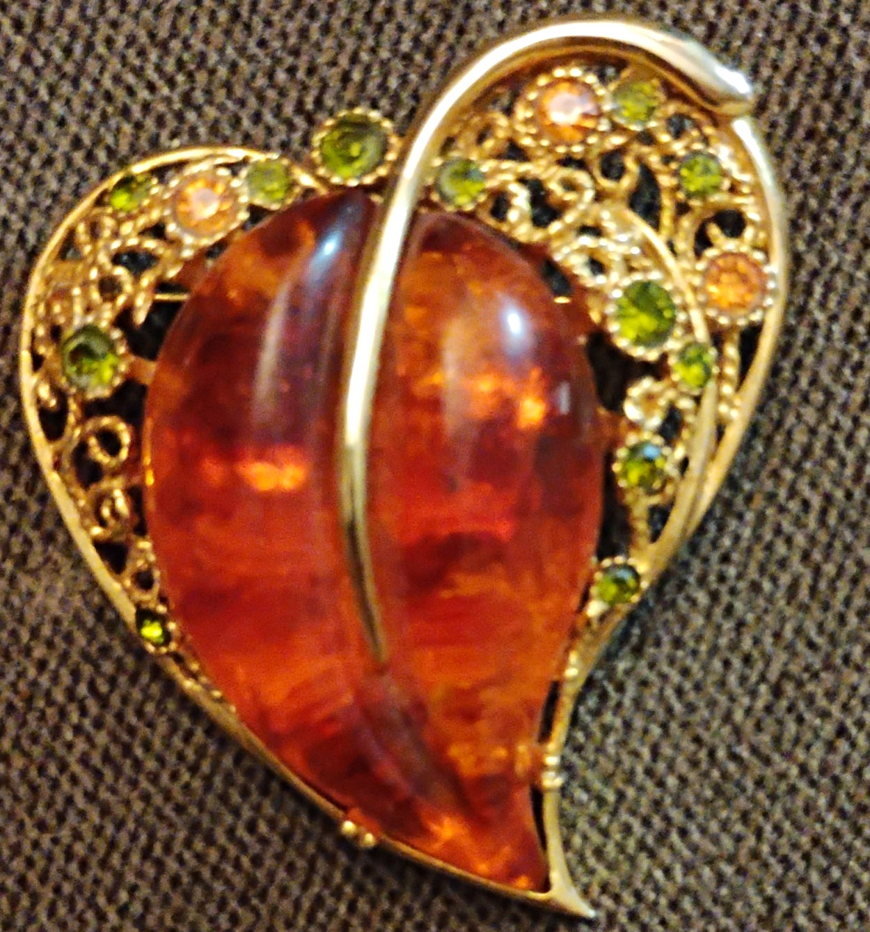 Vintage Leaf Brooch Pin Gold Tone Orange Oval Crystal Center & Green Rhinestones