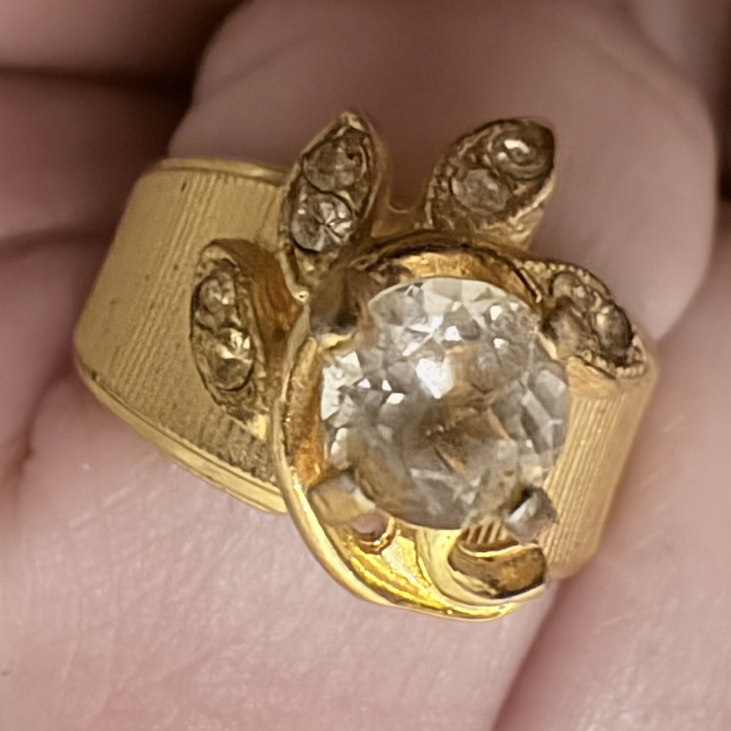Yellow Gold Tone Cocktail Ring Size 5 Clear Oval Diamond Stone Statement