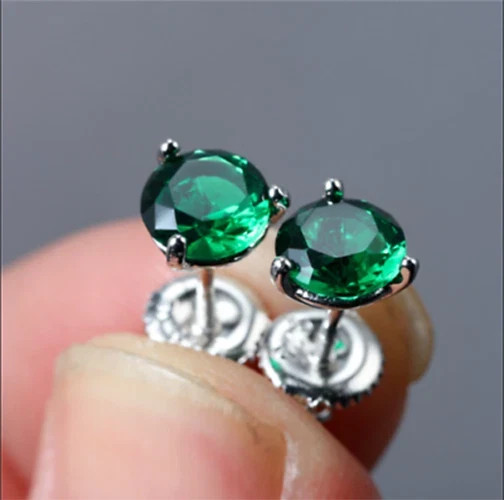 1.00Ct Round Green Emerald Solitaire Women’s Stud Earrings 14K White Gold Plated