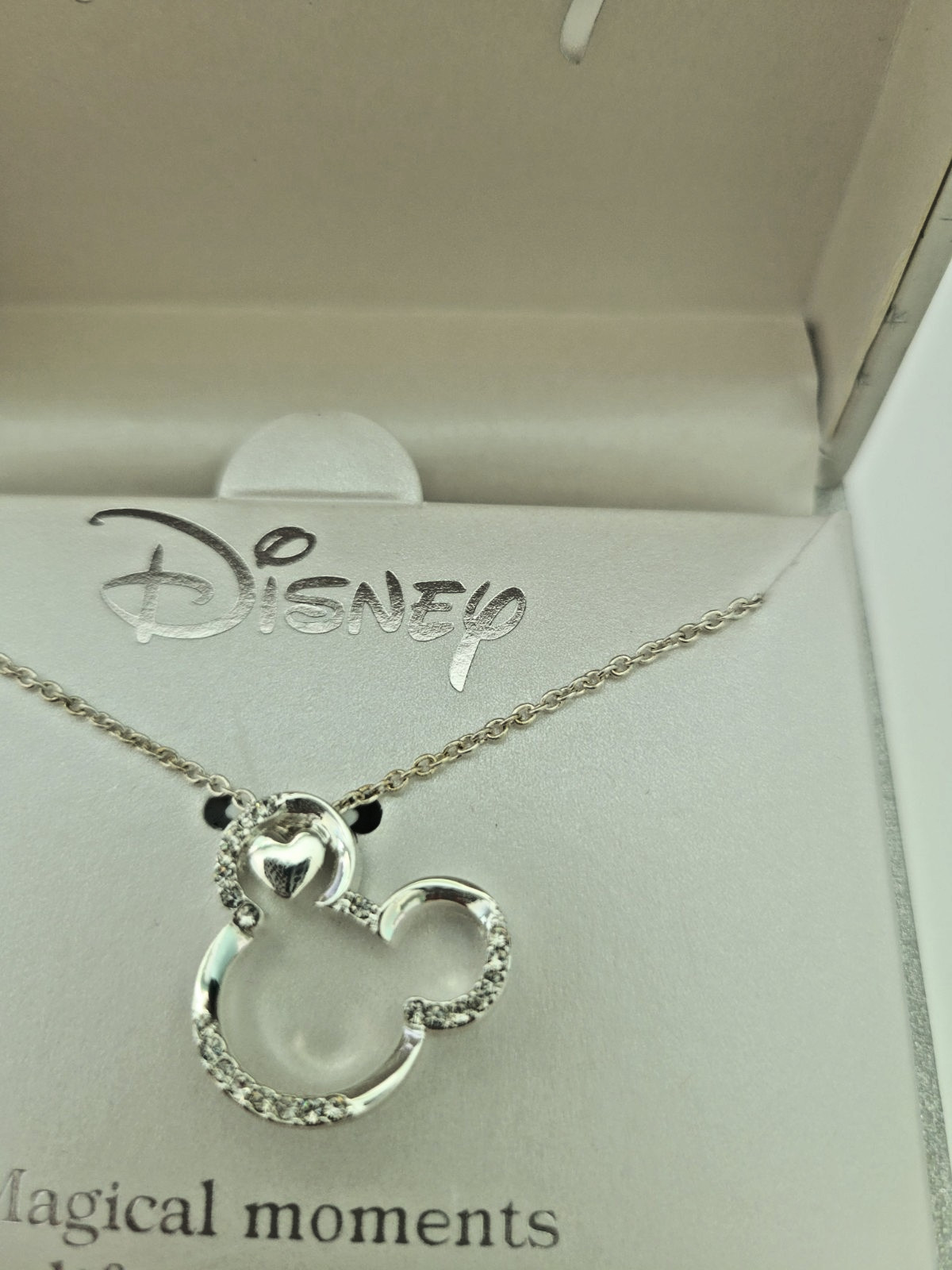 Disney Mickey Mouse Heart Crystal Pendant Necklace Silver Tone Magical Moments