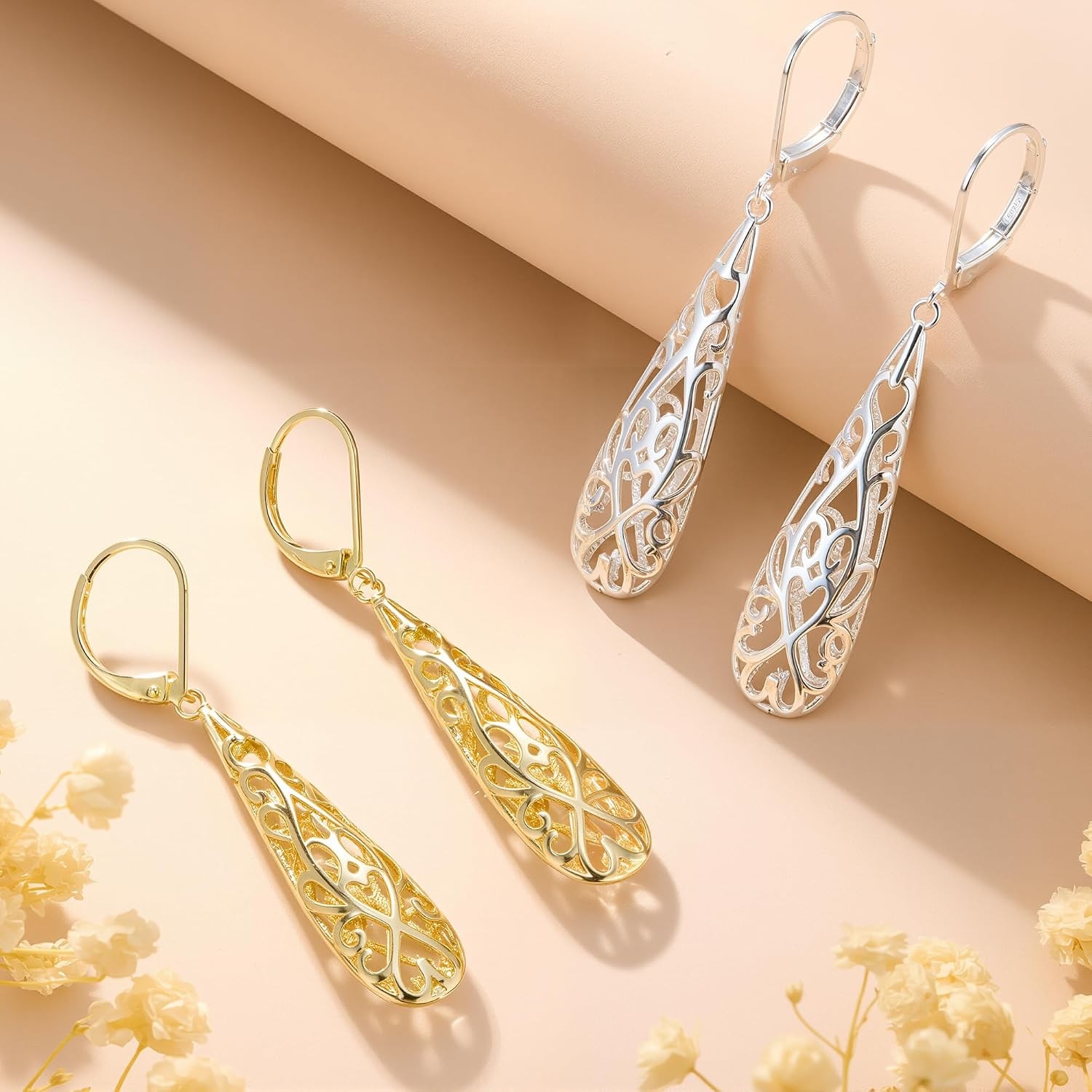 Women’s Silver Long Teardrop Dangle Leverback Earrings 14K Silver Dangle