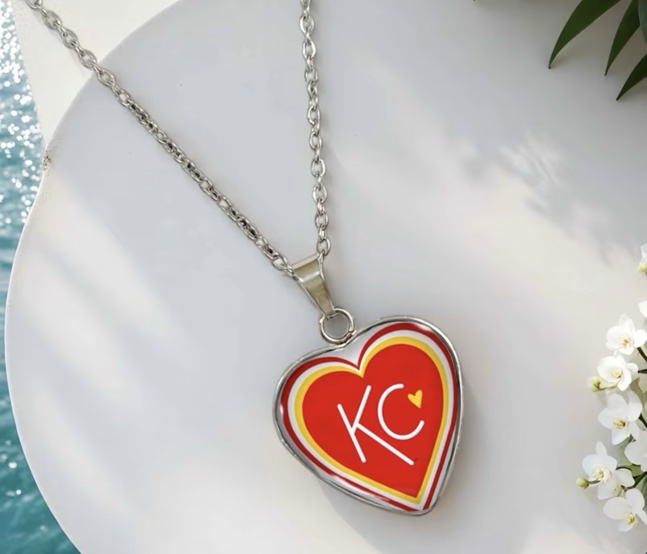 KC Heart Charm Pendant Necklace Silver Tone Adjustable Cable Chain 17.7in