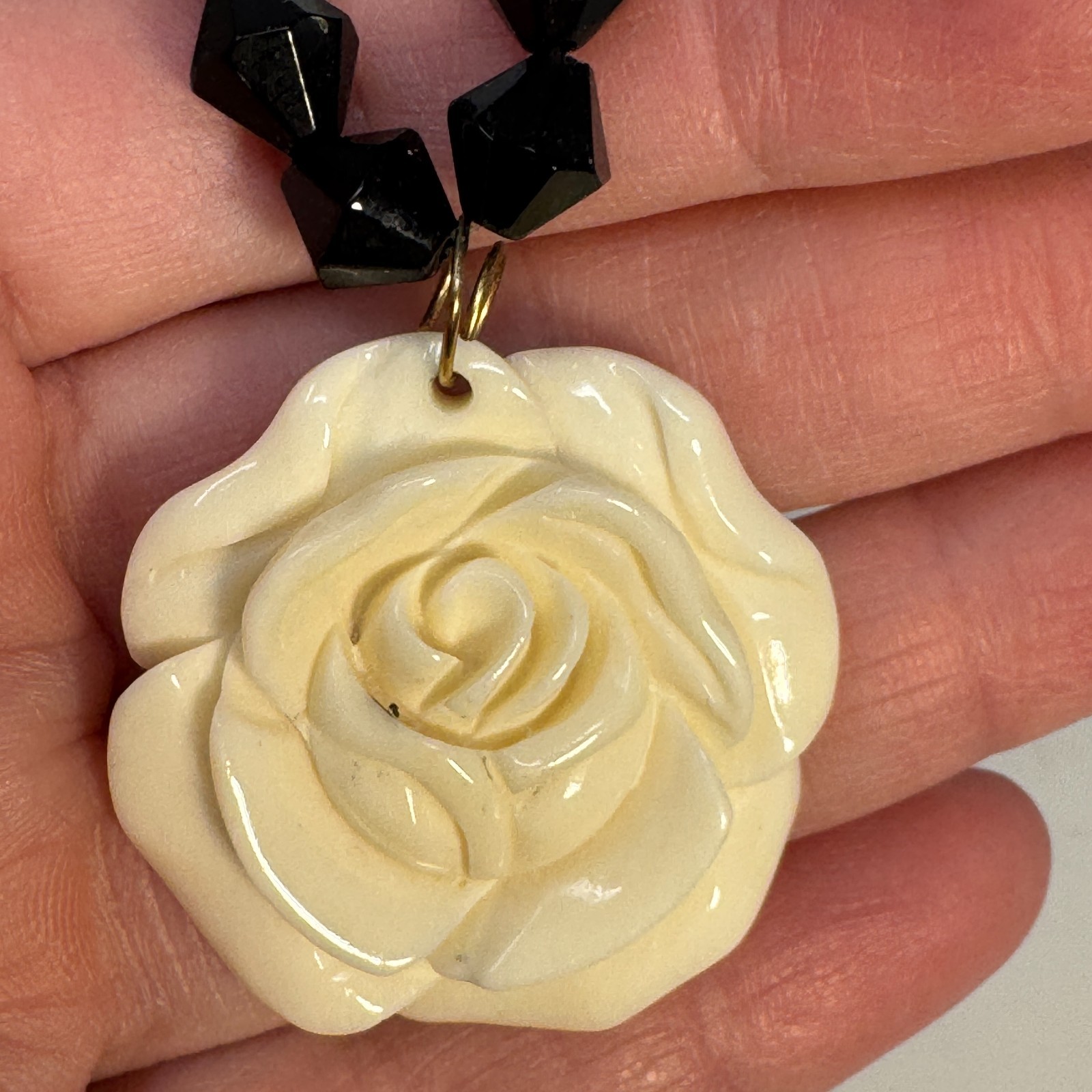 Vintage 60s Black Bicone Bead Necklace Ivory White Carved Resin Rose Pendant Set