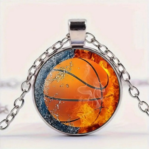 Punk Basketball Pattern Round Pendant Necklace, Special Gift