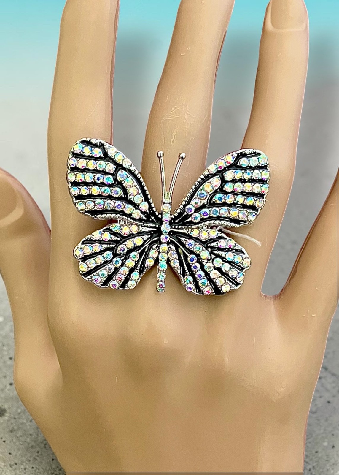 1.75″ Wide Silver Tone Fancy AB Crystals Butterfly Statement Adjustable Ring