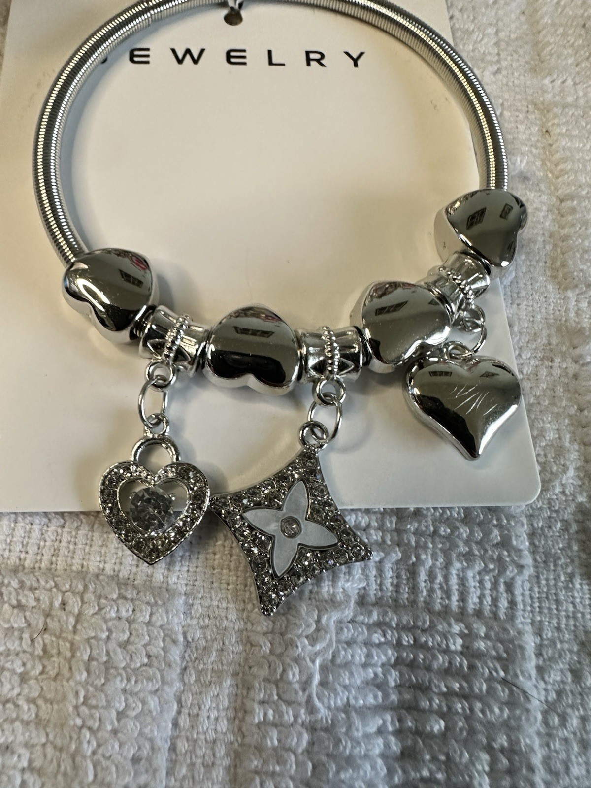 Clover Square Shape Bead Pave Dangle Charm Bracelet Silver Tone NEW