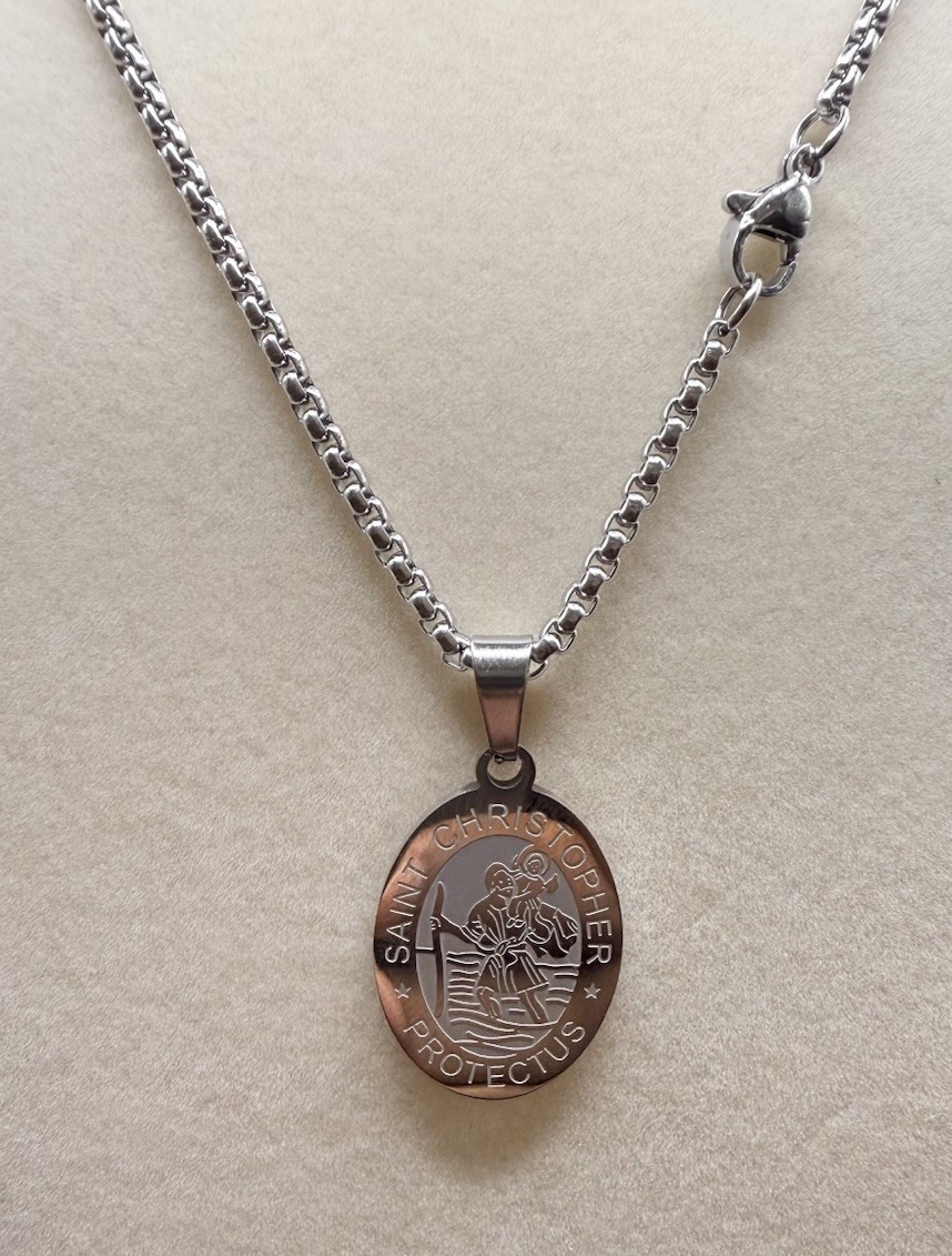 Silver Tone Saint Christopher Oval Medal Pendant Necklace, Stainless Steel