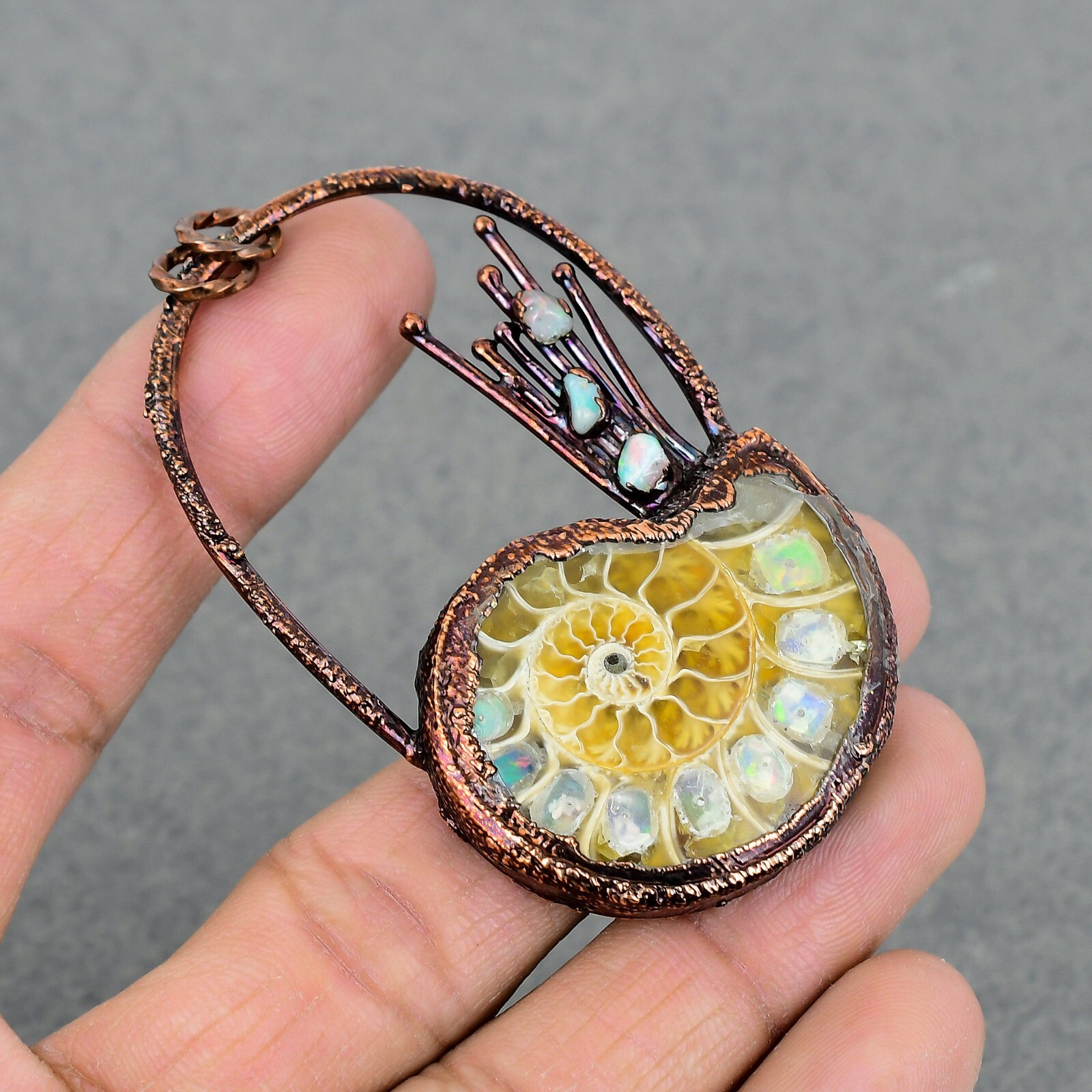 Natural Ethiopian Opal In Ammonite Fossil Electroformed Pendant Jewelry Copper