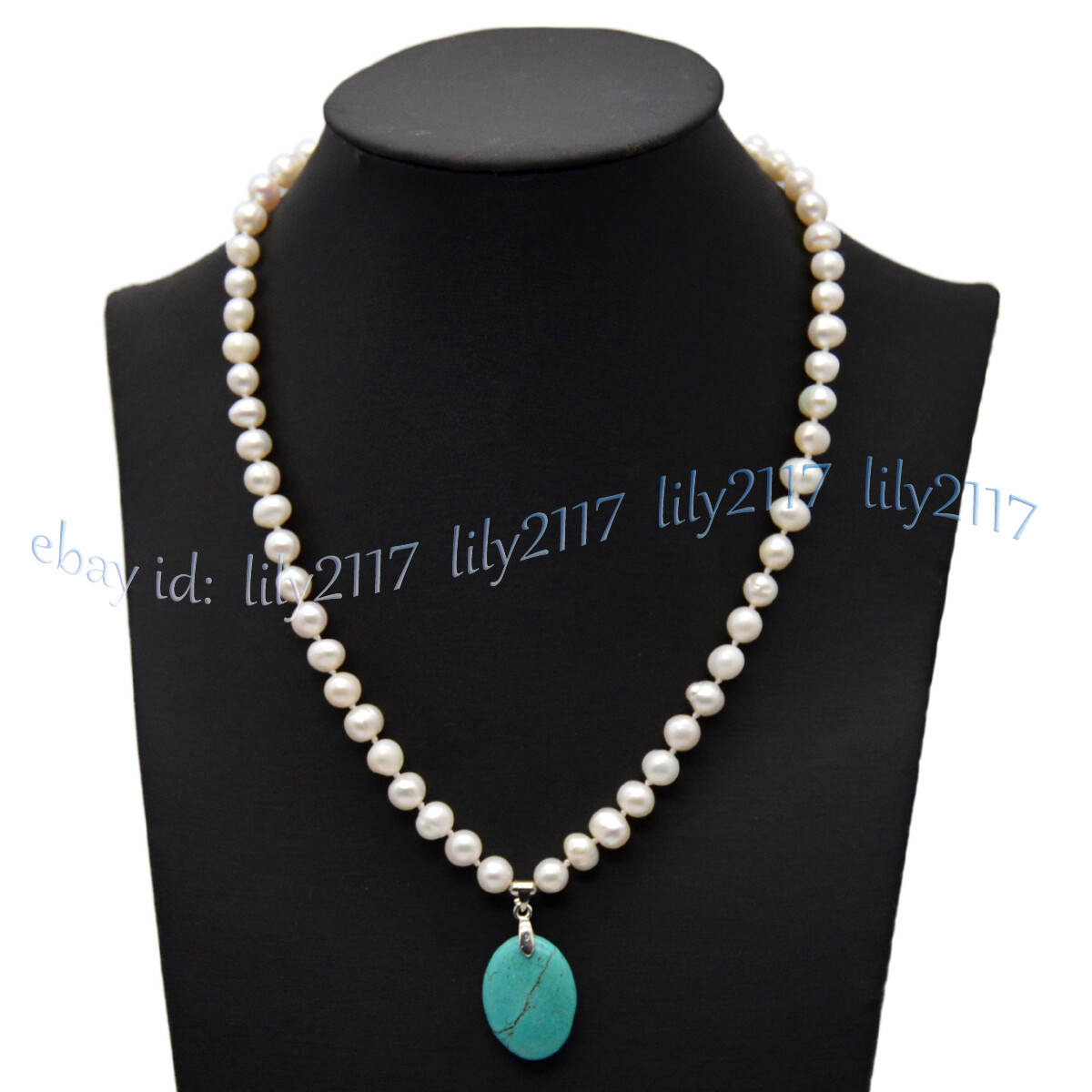 6-11mm White Freshwater Cultured Baroque Pearl Turquoise Oval Pendant Necklaces