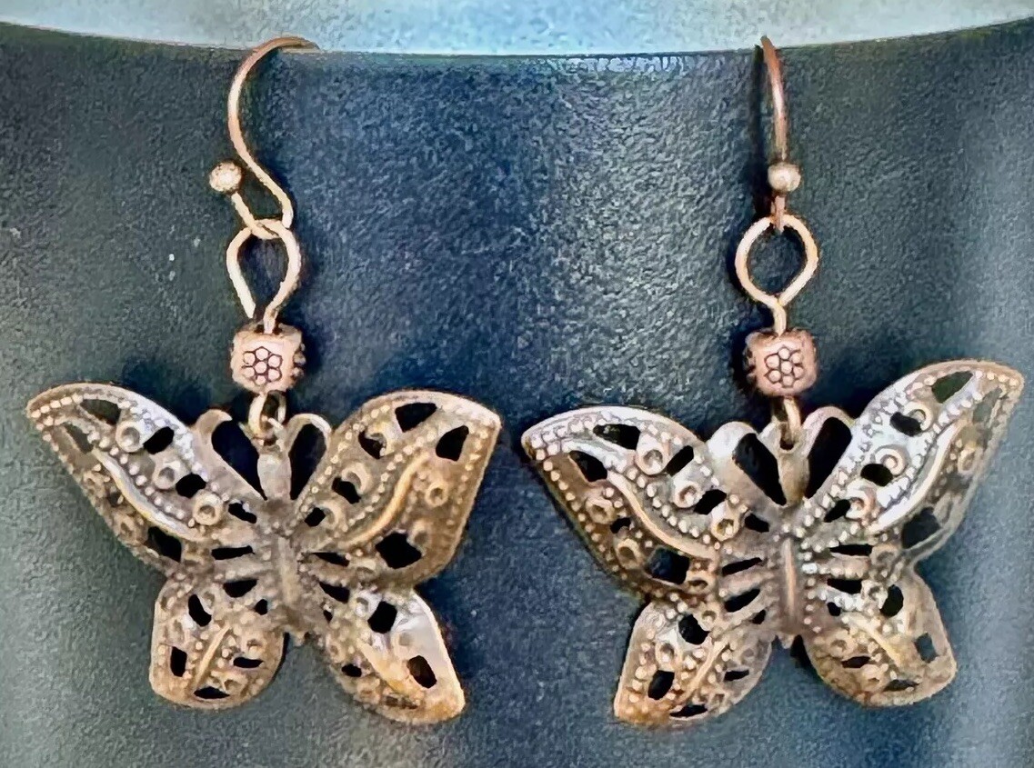 Etched Copper Butterfly Dangle Earrings. Boho Chic