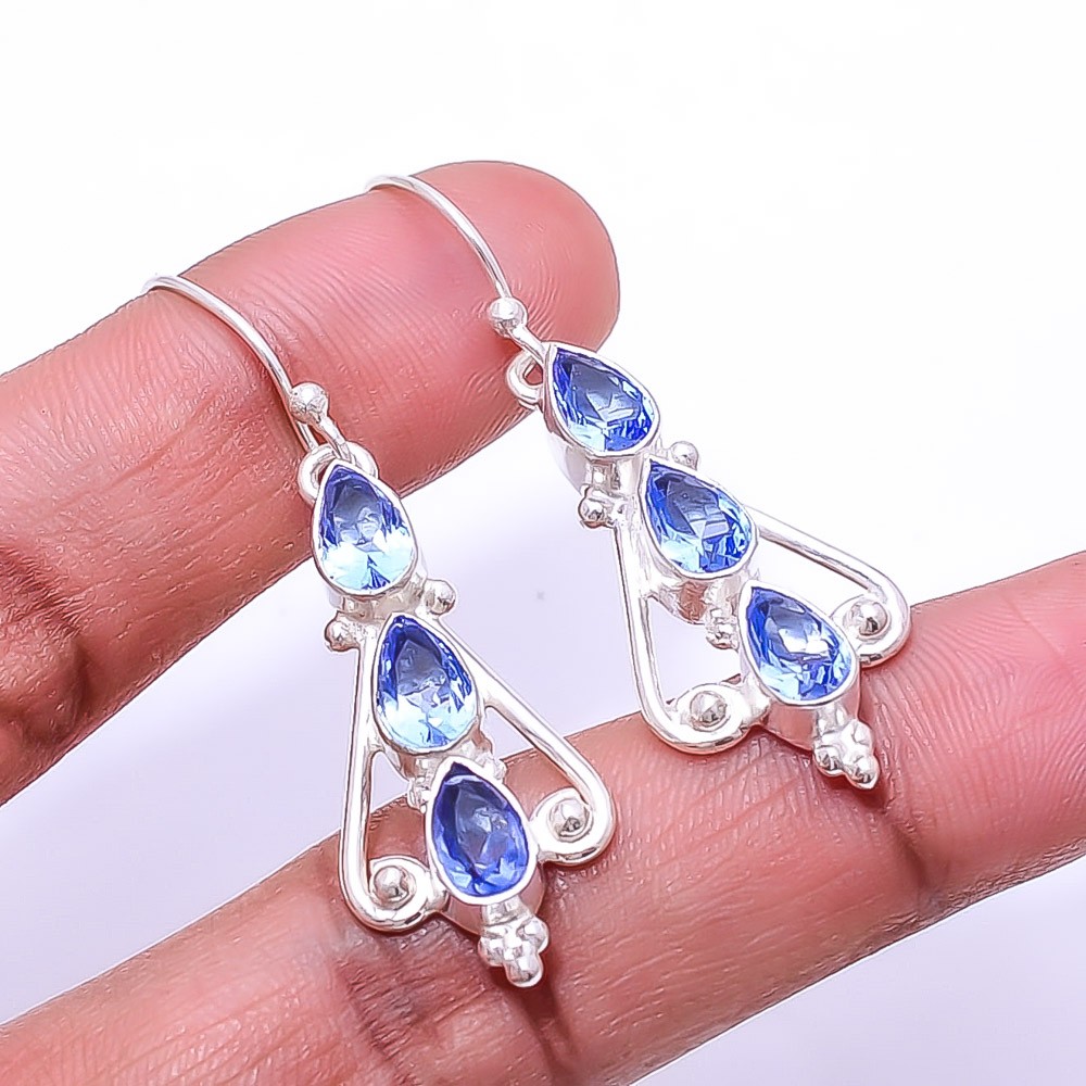 Tanzanite Multi Collet 925 Sterling Silver Earring 1.95″ E32, Christmas Gift