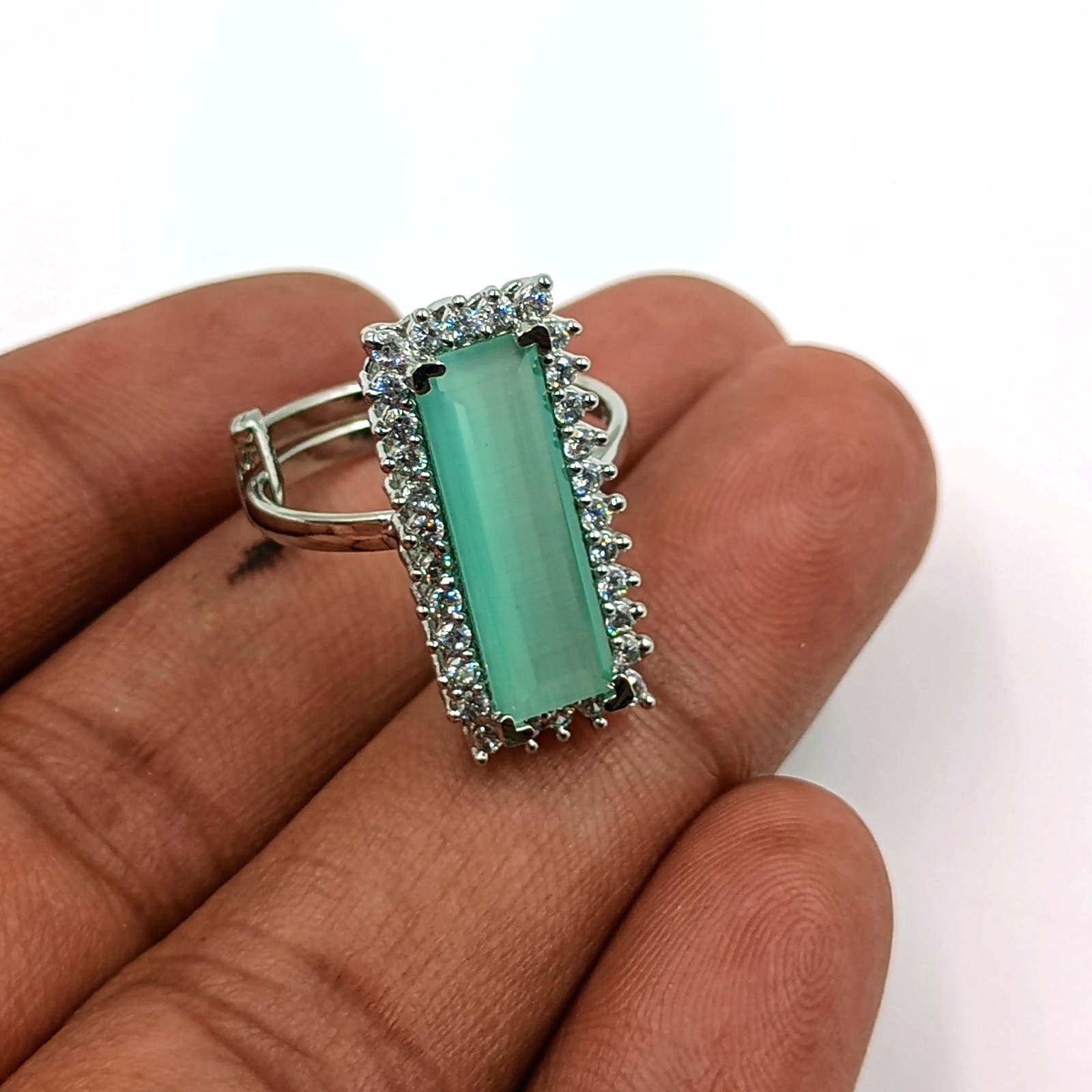 Elegant Aqua Chalcedony CZ Cocktail Ring Adjustable White Plated Boho Jewelry