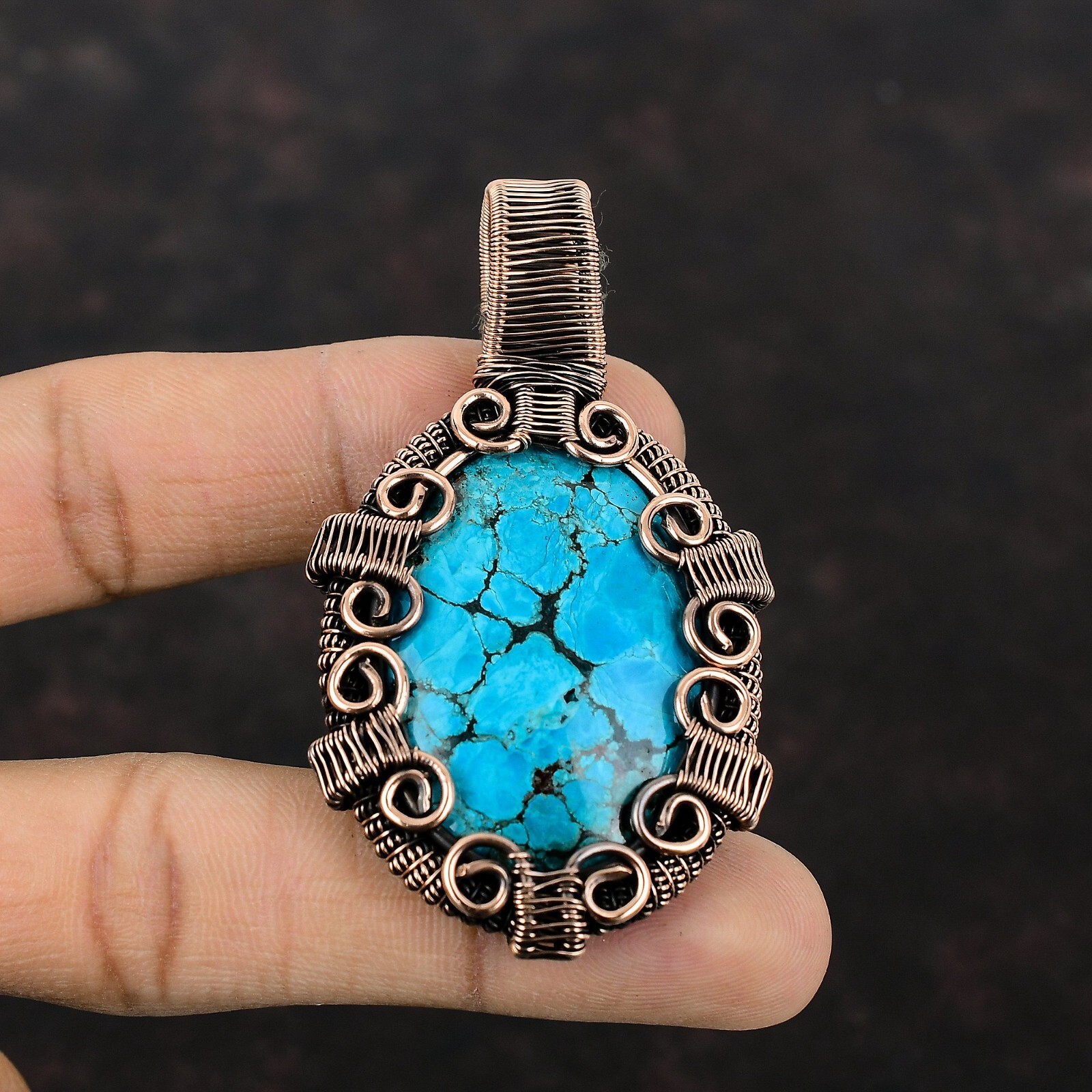 Tibetan Turquoise Wire Wrapped Pendant Handcrafted Copper Ethnic Gift 2.83″