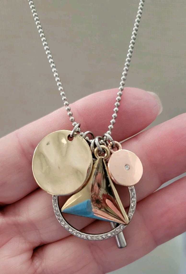 American Eagle Long Pendant Necklace Multi Colored Metal Different Shaped Charms